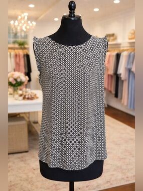 LOFT Black White Geometric Sleeveless Blouse Size M Work Top